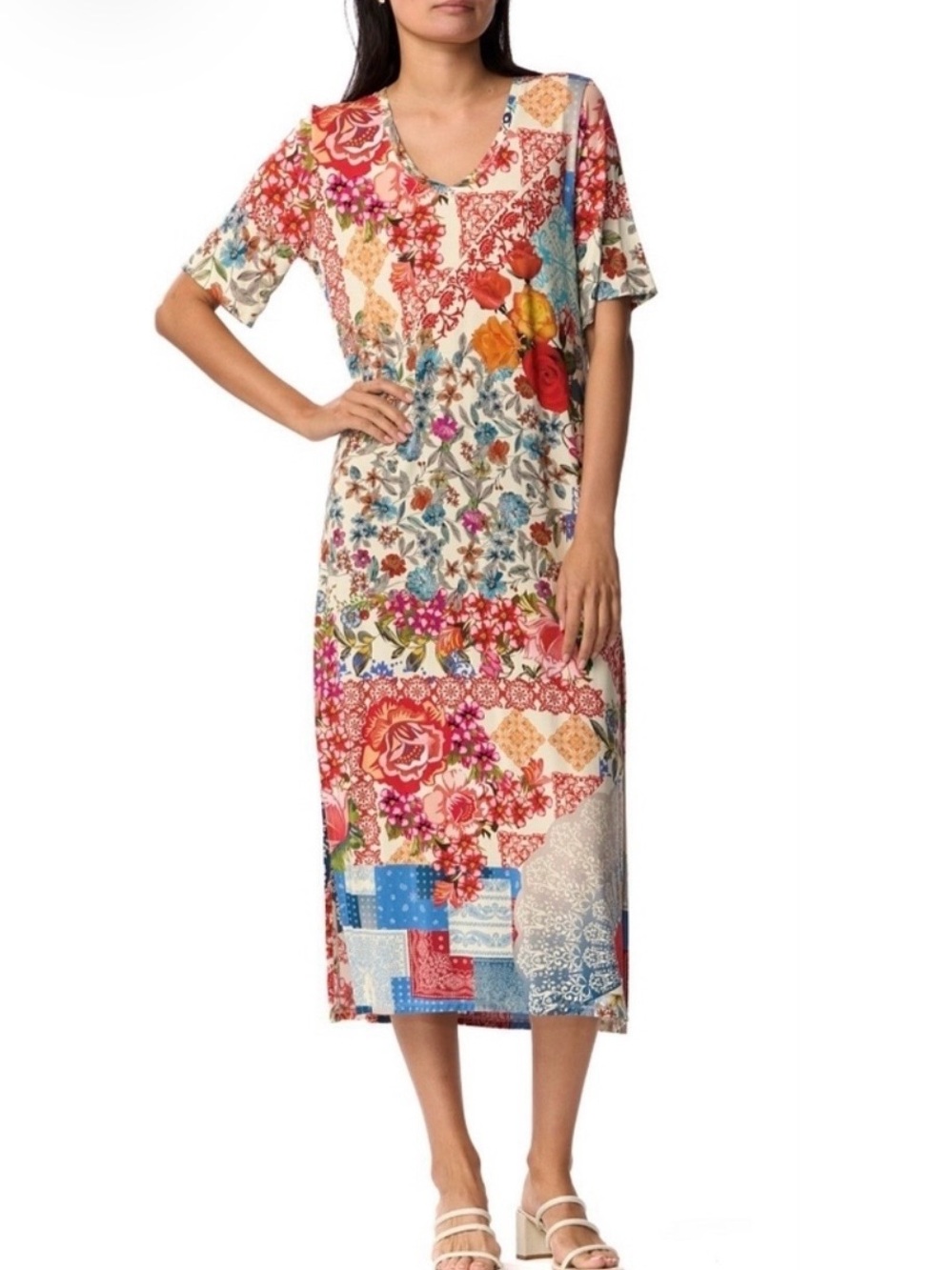 Johnny Was Tango Maxi Dress Floral Patchwork V-Neck Dress Beach Tropical Vacatio